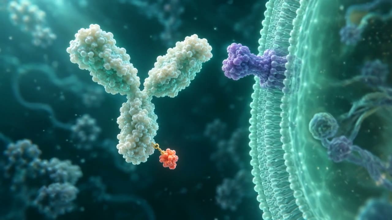 항체에 연결된 약물이 표적 단백질에 결합하고, 세포 안 분해 공간에서 풀려나는 과정을 단순화한 개념 영상 포스터
