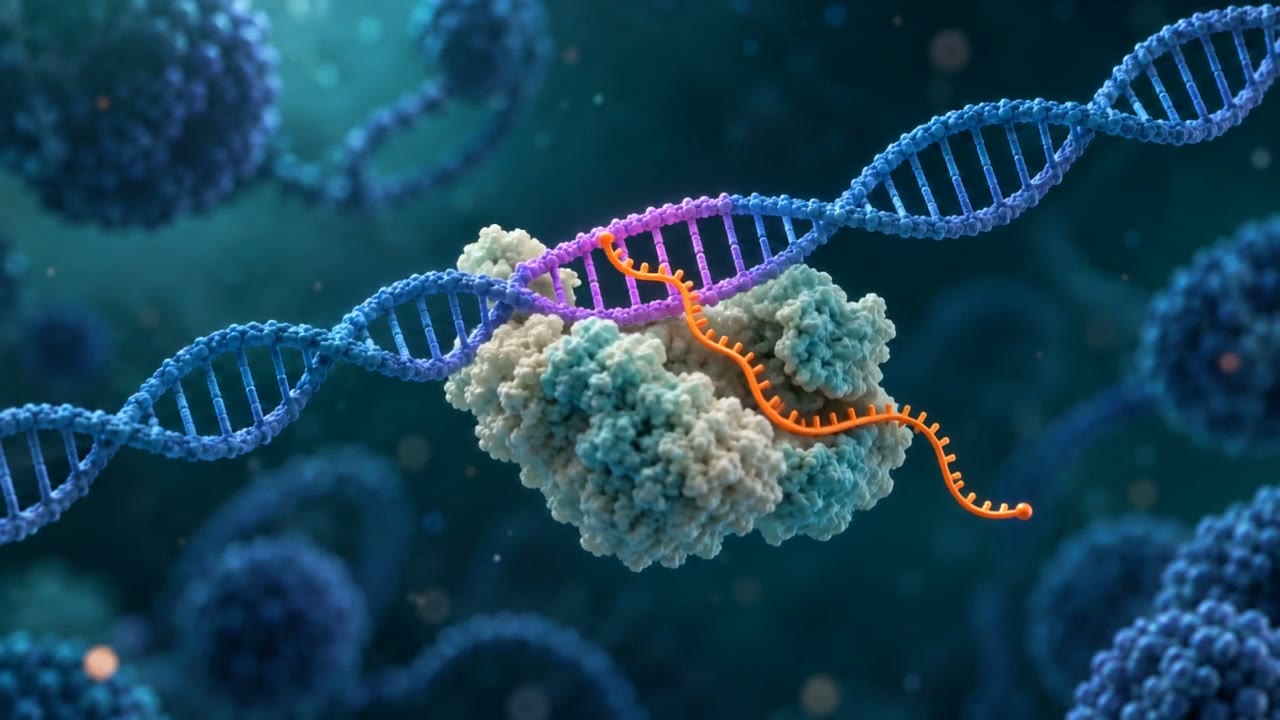 가이드 RNA가 DNA의 표적 구간을 찾고 Cas9이 두 가닥을 자른 뒤 세포가 DNA를 잇는 과정을 단순화한 개념 영상 포스터